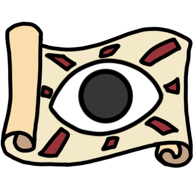a horizontal piece of paper curled somewhat like a scroll, with an eye in the centre and dark red lines radiating from the eye across the paper.